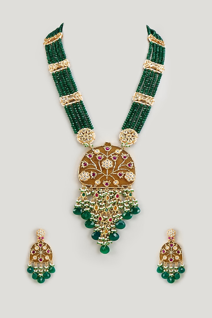 Gold Finish Kundan Polki & Pearl Meenakari Necklace Set by Kohar By Kanika at Pernia's Pop Up Shop