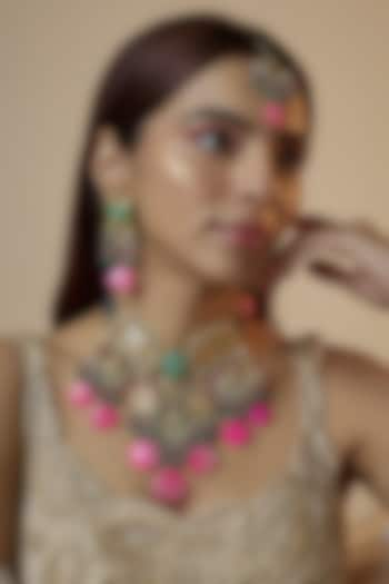 Gold Finish Kundan Polki & Pearl Meenakari Necklace Set by Kohar By Kanika