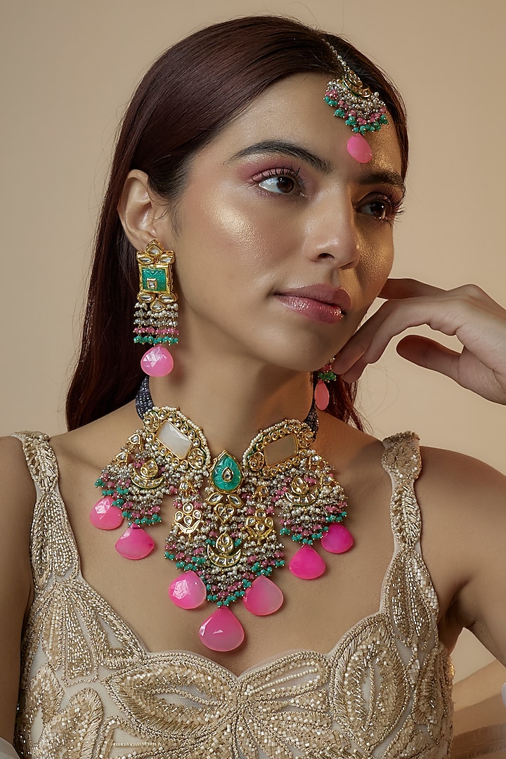 Gold Finish Kundan Polki & Pearl Meenakari Necklace Set by Kohar By Kanika