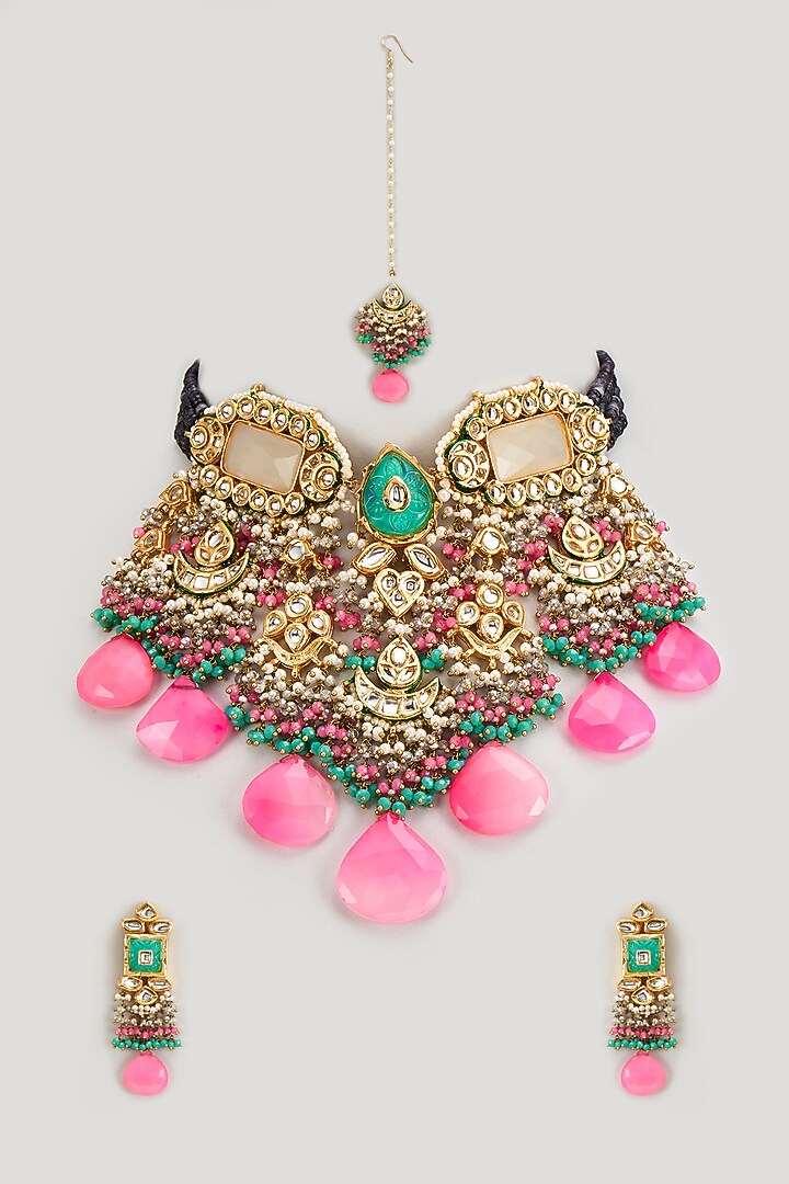 Gold Finish Kundan Polki & Pearl Meenakari Necklace Set by Kohar By Kanika at Pernia's Pop Up Shop