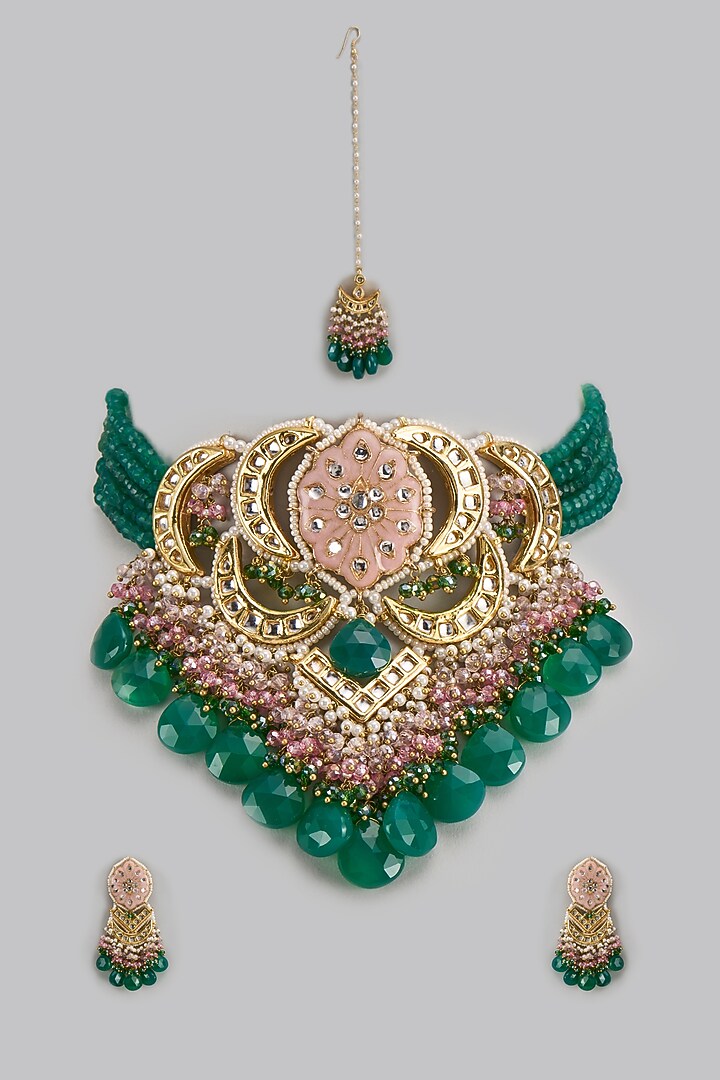 Gold Finish Pink & Green Kundan Polki & Pearl Meenakari Choker Necklace Set by Kohar By Kanika at Pernia's Pop Up Shop