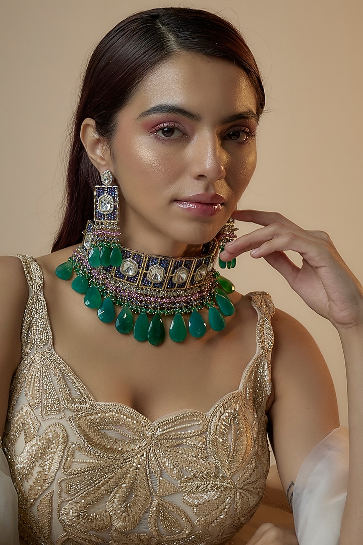Gold Finish Kundan Polki Necklace Set by Kohar By Kanika at Pernia's Pop Up Shop