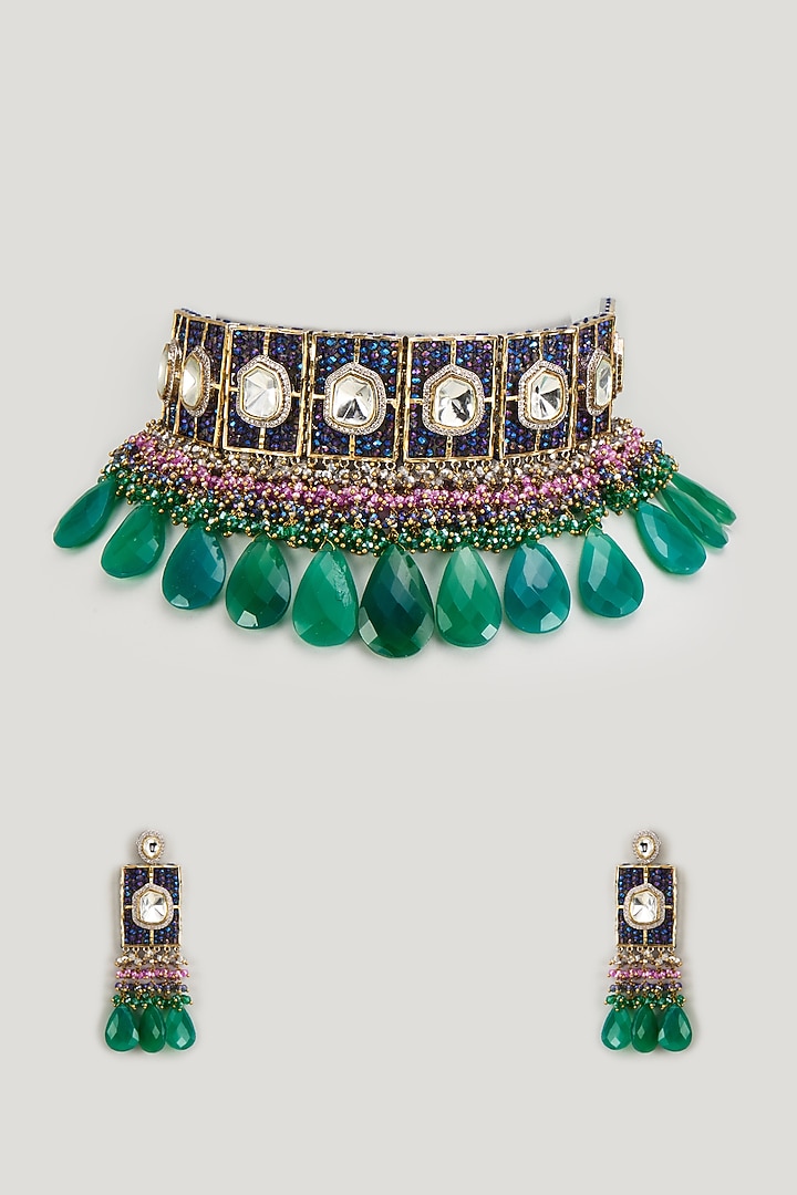 Gold Finish Kundan Polki Necklace Set by Kohar By Kanika at Pernia's Pop Up Shop