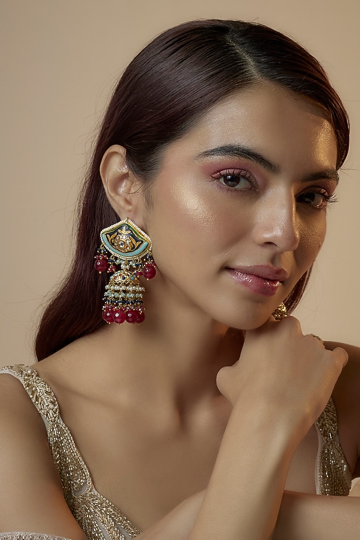 Gold Finish Kundan Polki & Pearl Dangler Earrings by Kohar By Kanika at Pernia's Pop Up Shop