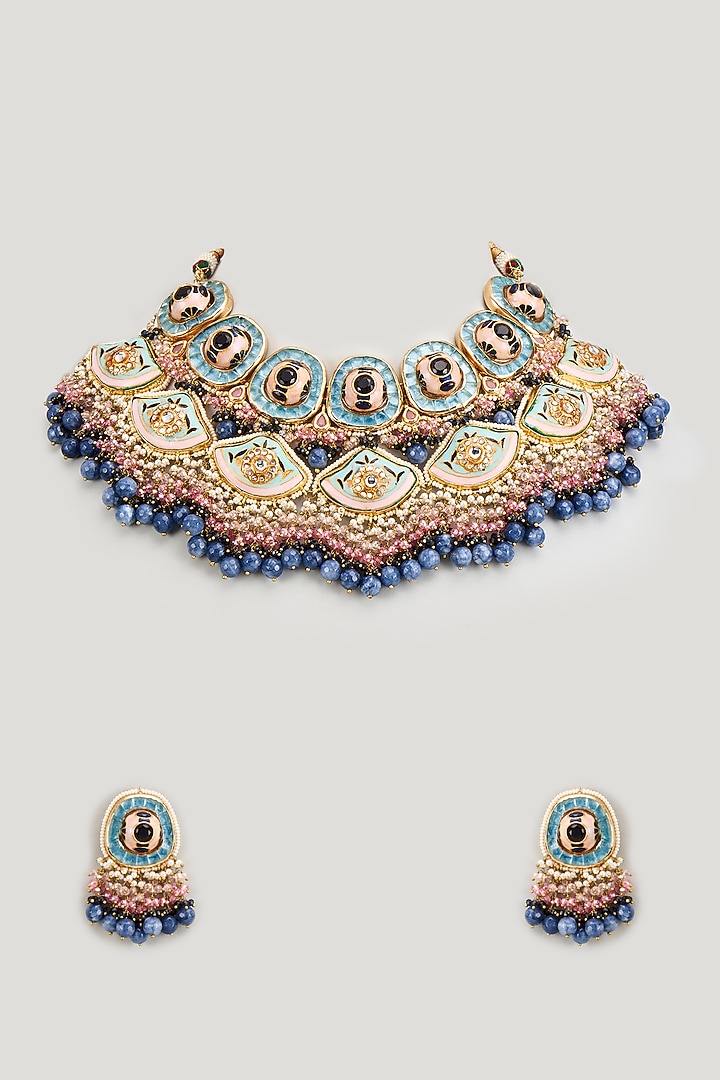 Gold Finish Kundan Polki & Pearl Meenakari Necklace Set by Kohar By Kanika at Pernia's Pop Up Shop