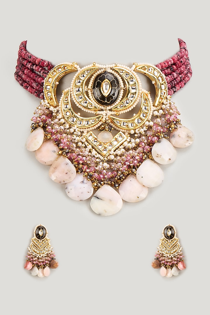 Gold Finish Kundan Polki & Pearl Meenakari Necklace Set by Kohar By Kanika at Pernia's Pop Up Shop