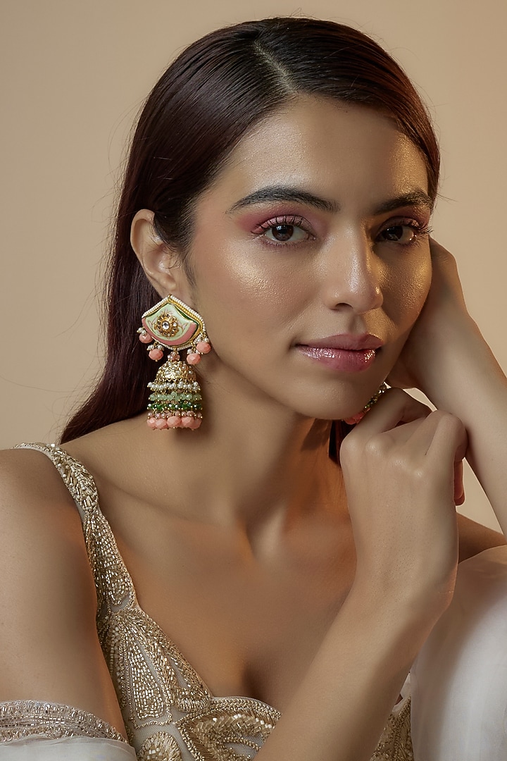 Gold Finish Kundan Polki & Pearl Dangler Earrings by Kohar By Kanika at Pernia's Pop Up Shop