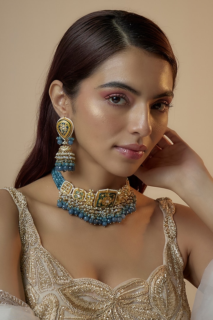 Gold Finish Kundan Polki & Pearl Choker Necklace Set by Kohar By Kanika at Pernia's Pop Up Shop