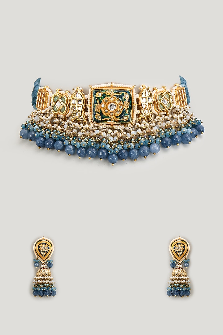 Gold Finish Kundan Polki & Pearl Choker Necklace Set by Kohar By Kanika at Pernia's Pop Up Shop