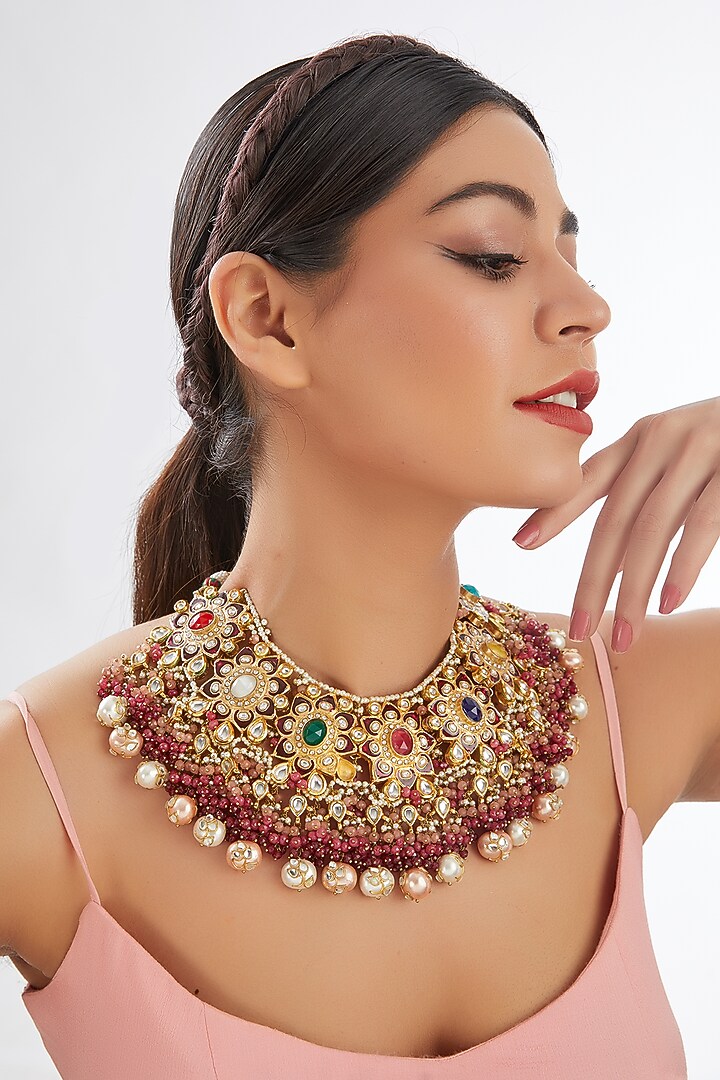 Gold Finish Pink Agate & Semi-Precious Stone Meenakari Choker Necklace by Kohar By Kanika at Pernia's Pop Up Shop