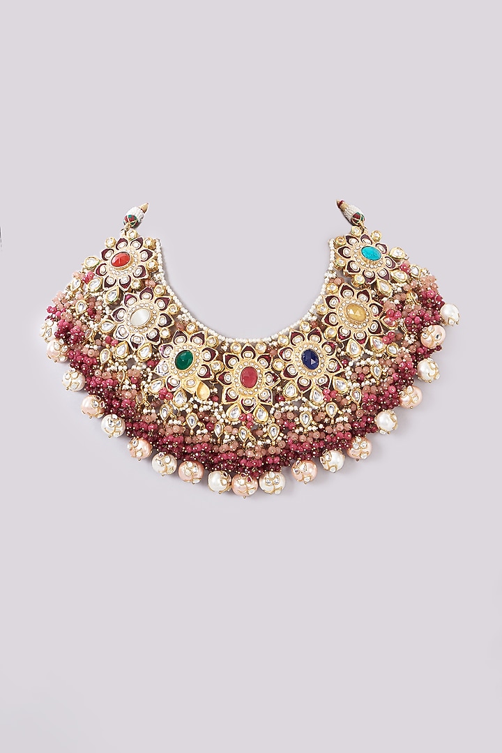 Gold Finish Pink Agate & Semi-Precious Stone Meenakari Choker Necklace by Kohar By Kanika at Pernia's Pop Up Shop