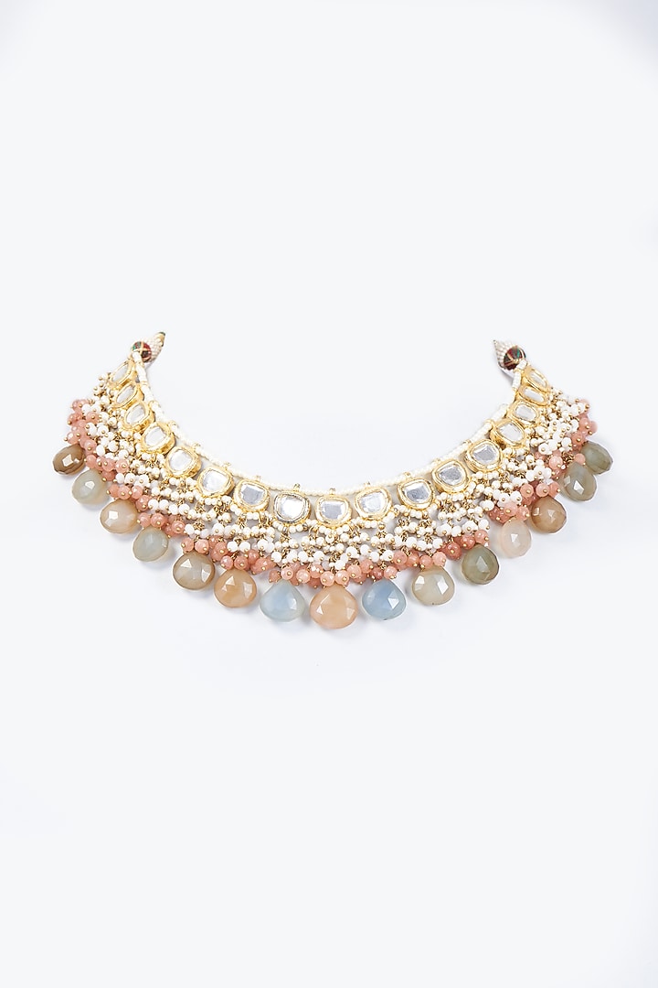 Gold Finish Kundan Polki & Moonstone Meenakari Necklace by Kohar By Kanika at Pernia's Pop Up Shop