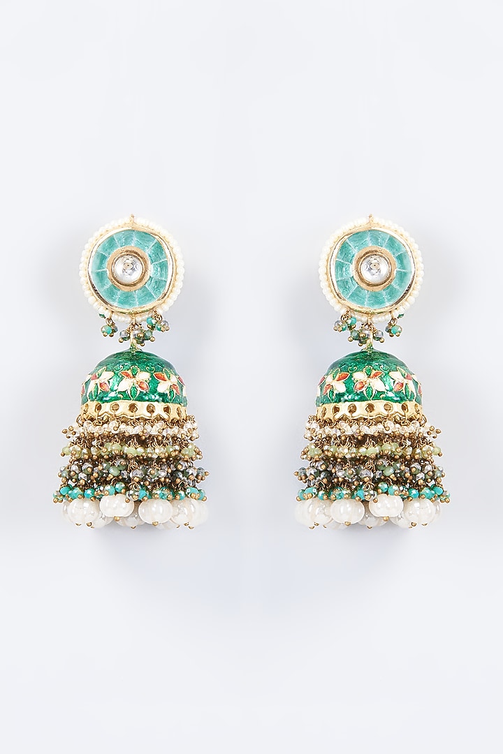 Gold Finish Kundan Polki & Natural Stone Meenakari Dangler Earrings by Kohar By Kanika at Pernia's Pop Up Shop