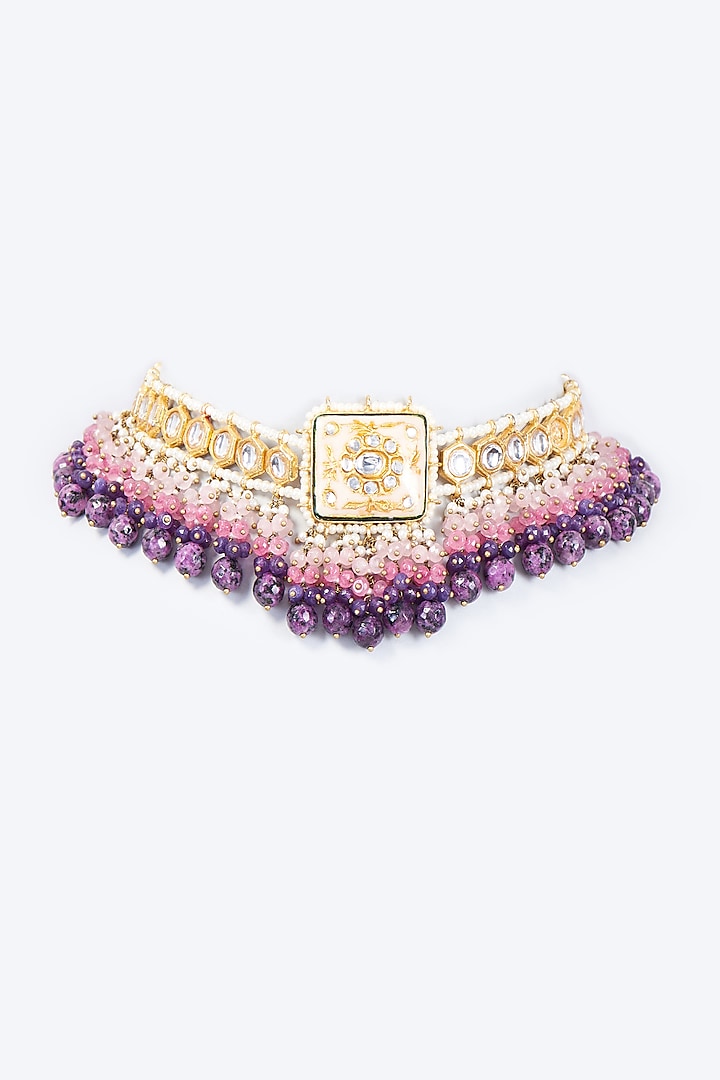 Gold Finish Kundan Polki & Moonstone Meenakari Choker Necklace by Kohar By Kanika at Pernia's Pop Up Shop