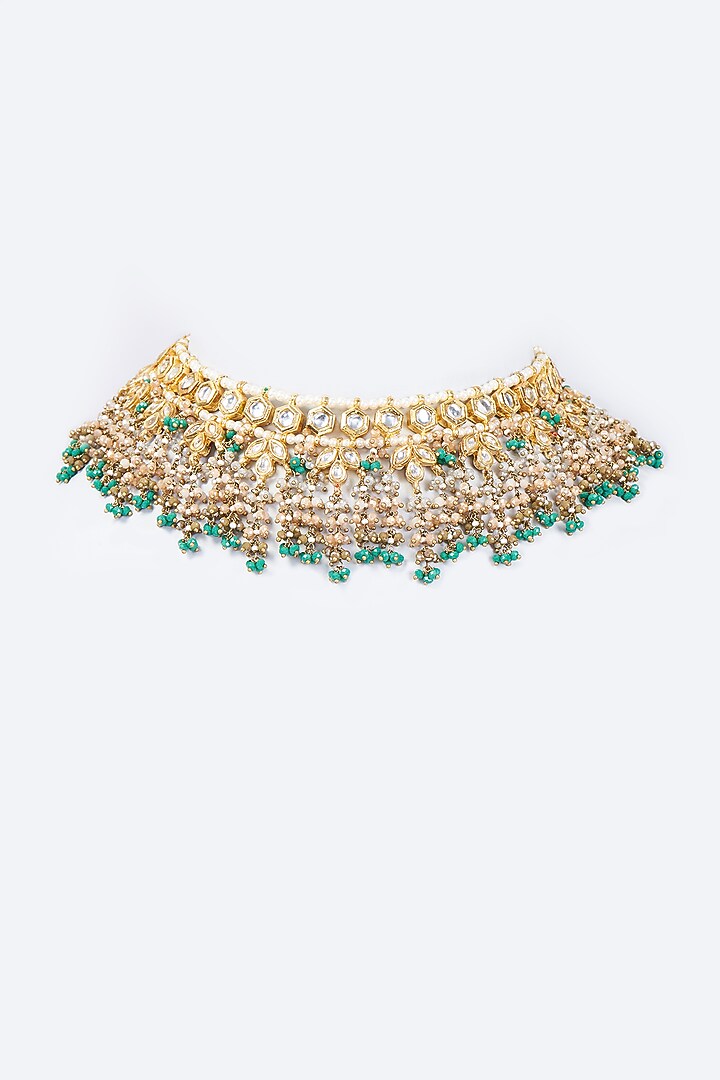 Gold Finish Kundan Polki & Moonstone Meenakari Choker Necklace by Kohar By Kanika at Pernia's Pop Up Shop
