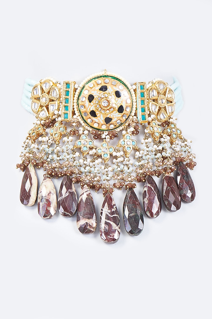 Gold Finish Kundan Polki & Moonstone Meenakari Choker Necklace by Kohar By Kanika at Pernia's Pop Up Shop