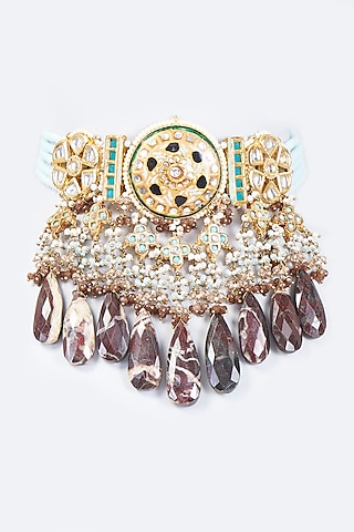 Gold Finish Kundan Polki & Moonstone Meenakari Choker Necklace by Kohar By Kanika