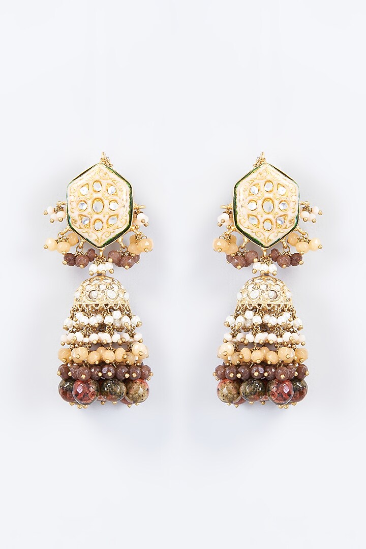 Gold Finish Kundan Polki & Natural Stone Meenakari Dangler Earrings by Kohar By Kanika at Pernia's Pop Up Shop