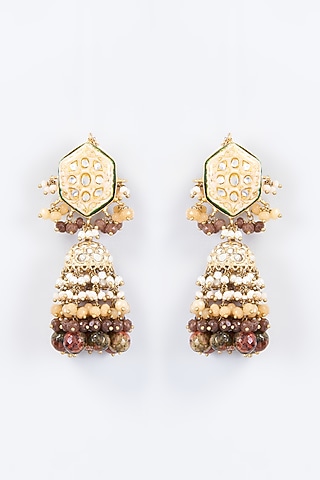 Gold Finish Kundan Polki & Natural Stone Meenakari Dangler Earrings by Kohar By Kanika