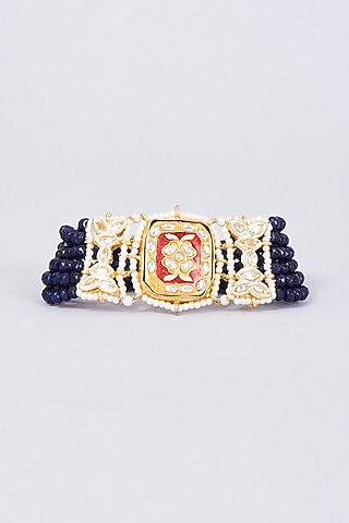 Gold Finish Kundan Polki & Natural Stone Meenakari Bracelet by Kohar By Kanika