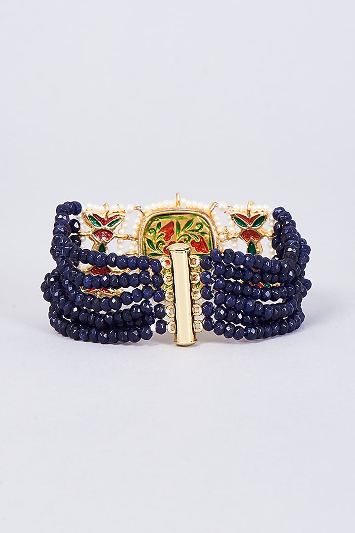 Gold Finish Kundan Polki & Natural Stone Meenakari Bracelet by Kohar By Kanika at Pernia's Pop Up Shop