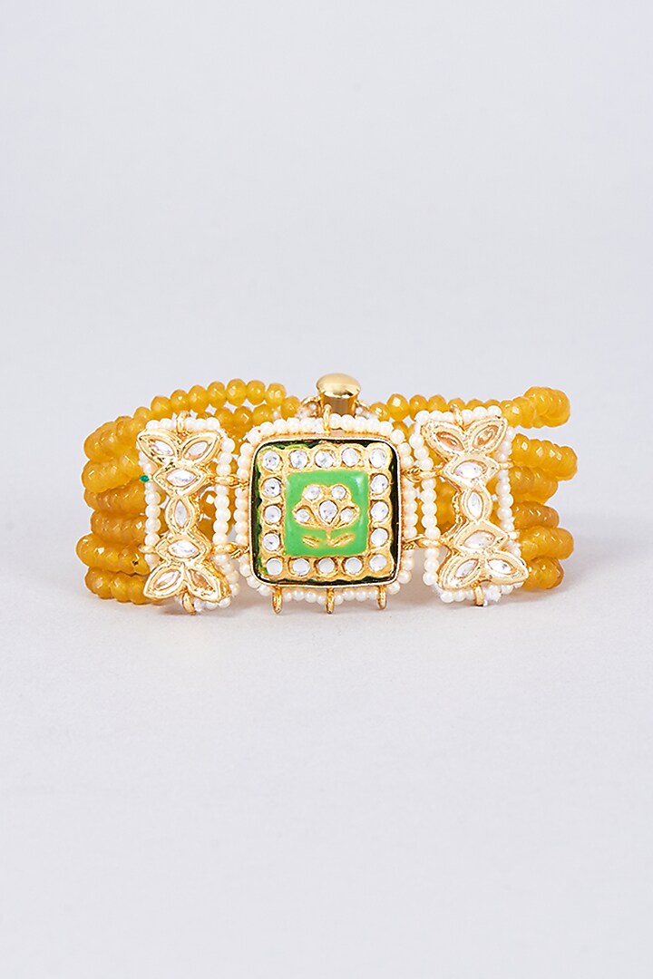 Gold Finish Kundan Polki & Natural Stone Meenakari Bracelet by Kohar By Kanika at Pernia's Pop Up Shop