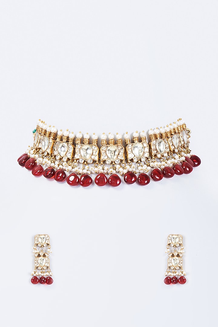 Gold Finish Ruby & Emerald Choker Necklace Set by Kohar By Kanika at Pernia's Pop Up Shop