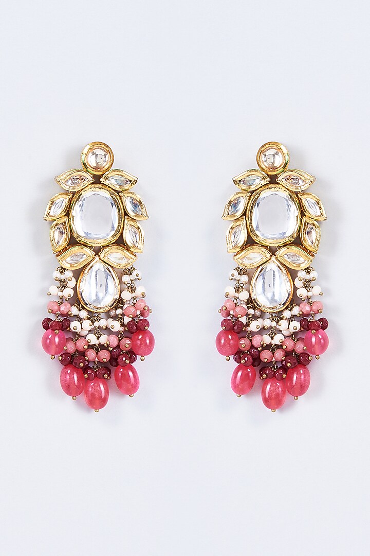Gold Finish Kundan Polki & Pearl Meenakari Dangler Earrings by Kohar By Kanika at Pernia's Pop Up Shop