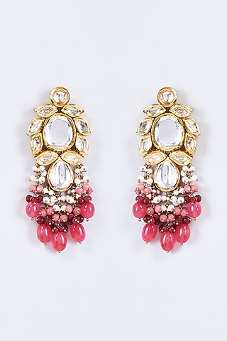 Gold Finish Kundan Polki & Pearl Meenakari Dangler Earrings by Kohar By Kanika