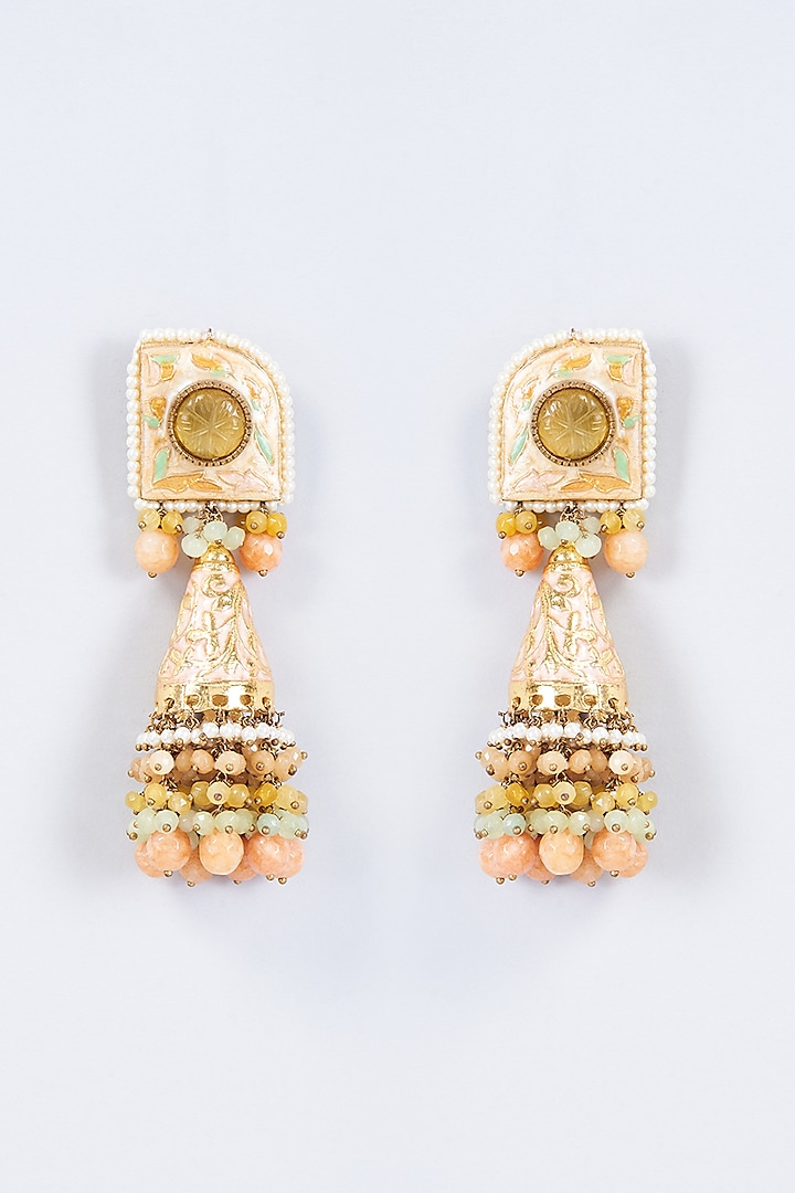 Gold Finish Kundan Polki & Pearl Meenakari Dangler Earrings by Kohar By Kanika