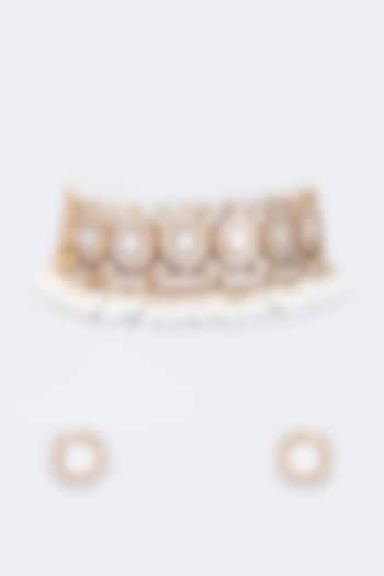 Gold Finish Jade & Mother Of Pearl Choker Necklace Set by Kohar By Kanika at Pernia's Pop Up Shop