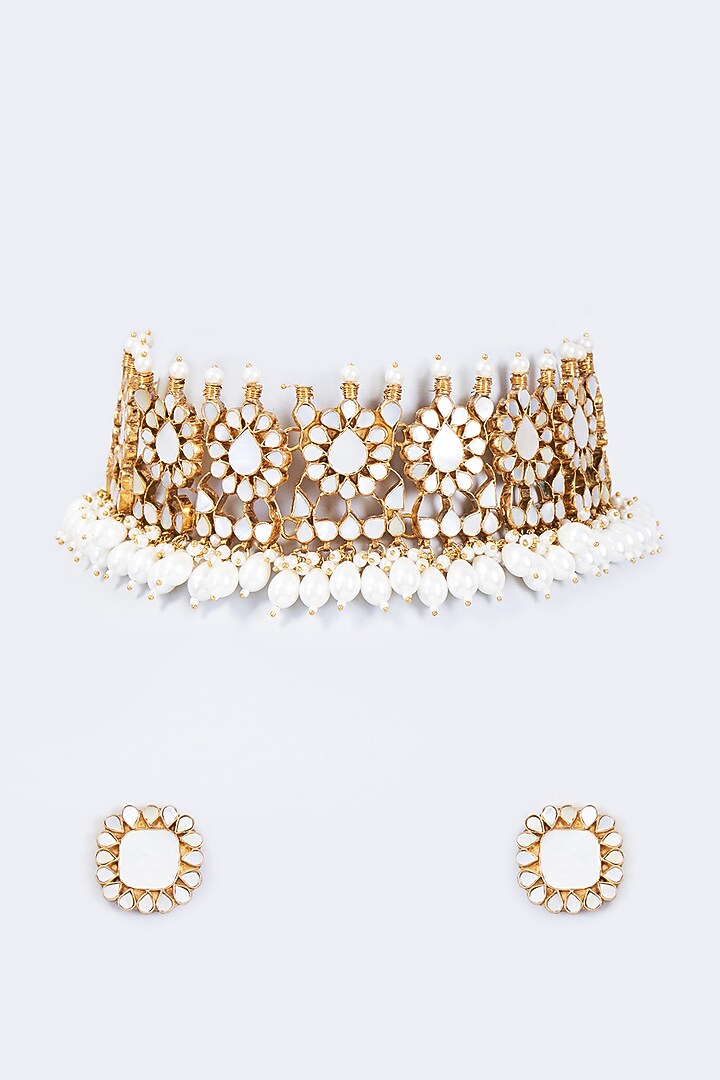 Gold Finish Jade & Mother Of Pearl Choker Necklace Set by Kohar By Kanika at Pernia's Pop Up Shop