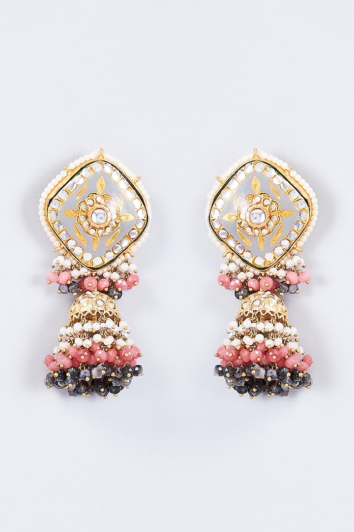 Gold Finish Kundan Polki & Pearl Meenakari Dangler Earrings by Kohar By Kanika