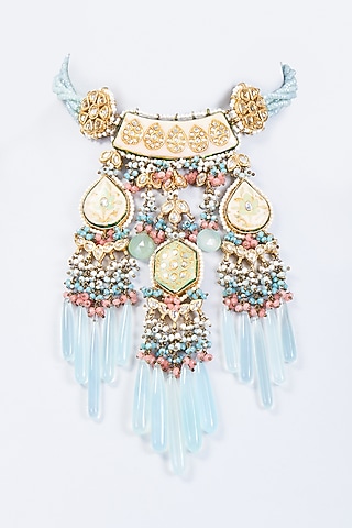 Gold Finish Jade & Moonstone Meenakari Long Necklace by Kohar By Kanika