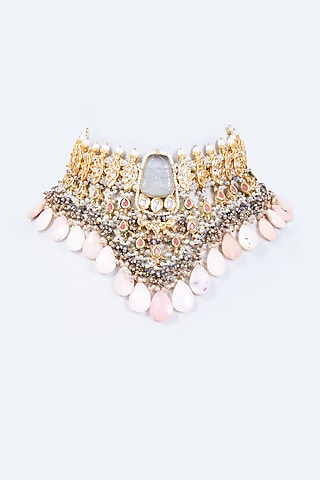 Gold Finish Jade & Moonstone Meenakari Necklace by Kohar By Kanika