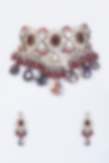 Black Rhodium Finish Jade Drop Choker Necklace Set by Kohar By Kanika at Pernia's Pop Up Shop