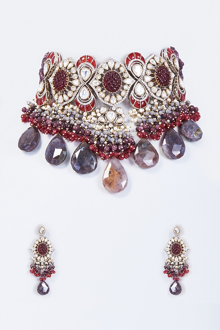 Black Rhodium Finish Jade Drop Choker Necklace Set by Kohar By Kanika at Pernia's Pop Up Shop