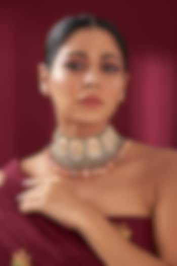 Gold Finish Ruby & Peach Stone Enameled Meenakari Necklace by Kohar By Kanika at Pernia's Pop Up Shop