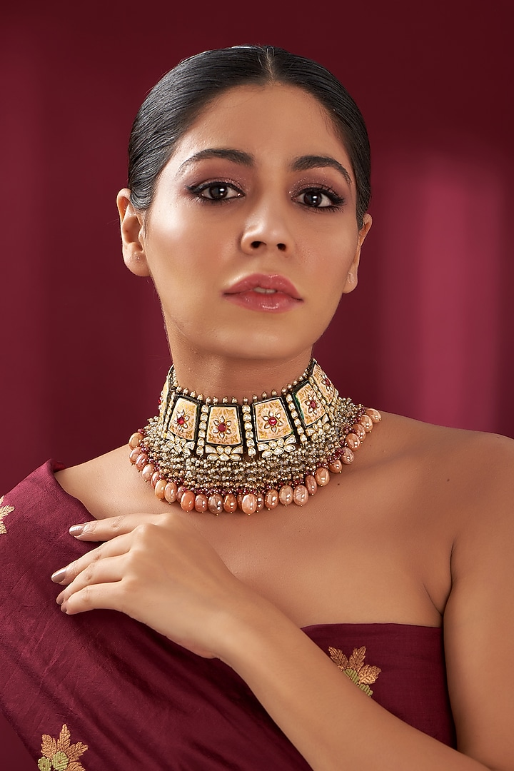 Gold Finish Ruby & Peach Stone Enameled Meenakari Necklace by Kohar By Kanika at Pernia's Pop Up Shop