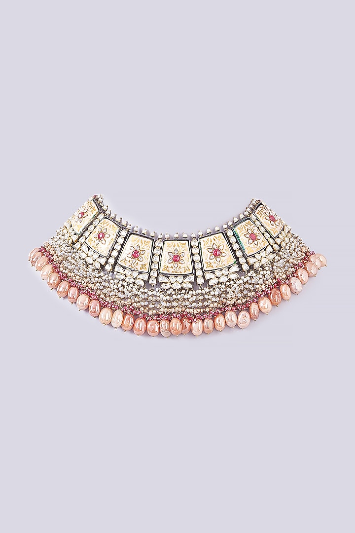 Gold Finish Ruby & Peach Stone Enameled Meenakari Necklace by Kohar By Kanika at Pernia's Pop Up Shop