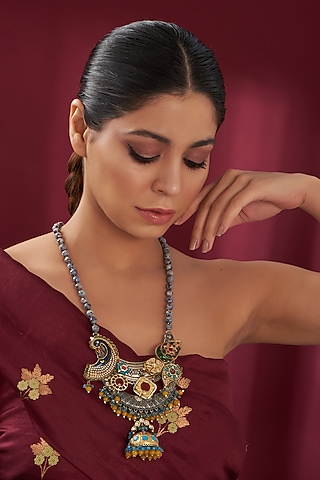 Silver Finish Multi-Colored Stone & Pachi Kundan Beaded Long Necklace by Kohar By Kanika