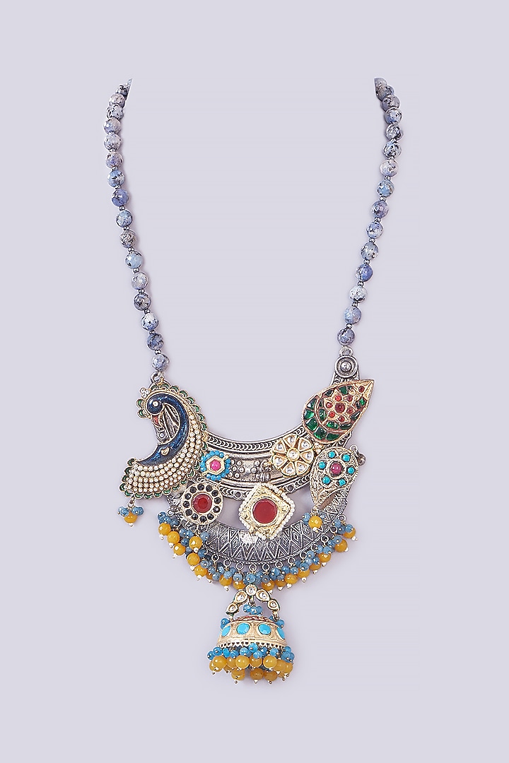 Silver Finish Multi-Colored Stone & Pachi Kundan Beaded Long Necklace by Kohar By Kanika at Pernia's Pop Up Shop