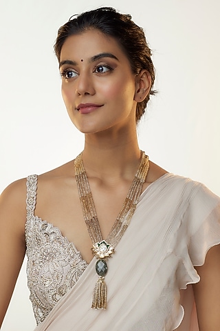 Gold Finish Moissanite Polki Beaded Long Necklace by Kohar By Kanika