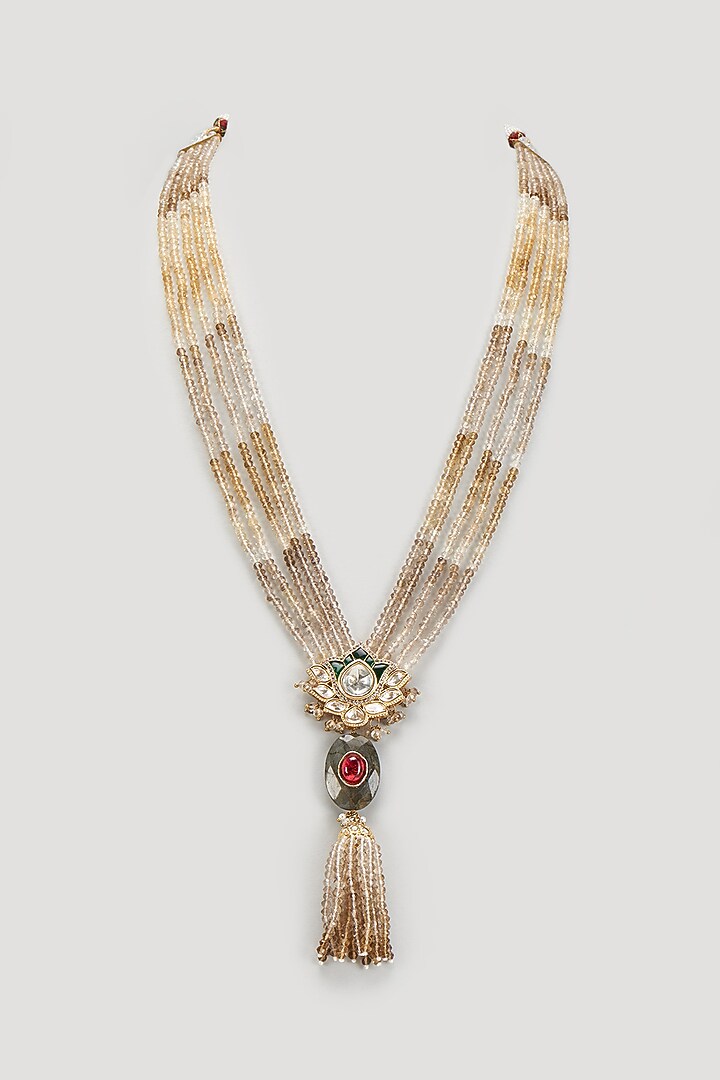 Gold Finish Moissanite Polki Beaded Long Necklace by Kohar By Kanika at Pernia's Pop Up Shop