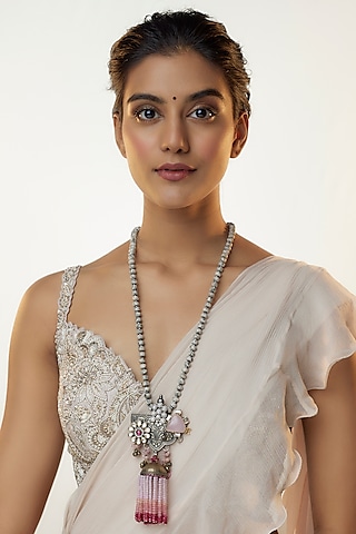 Silver Finish Kundan Polki & Pink Stone Beaded Long Necklace by Kohar By Kanika