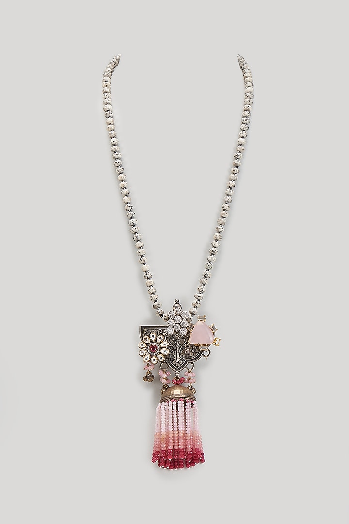Silver Finish Kundan Polki & Pink Stone Beaded Long Necklace by Kohar By Kanika at Pernia's Pop Up Shop