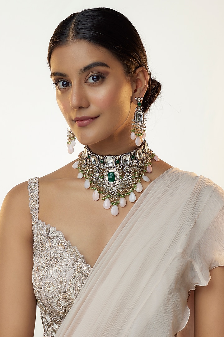 Black Rhodium Finish Pink Agate & Victorian Polki Choker Necklace Set by Kohar By Kanika at Pernia's Pop Up Shop