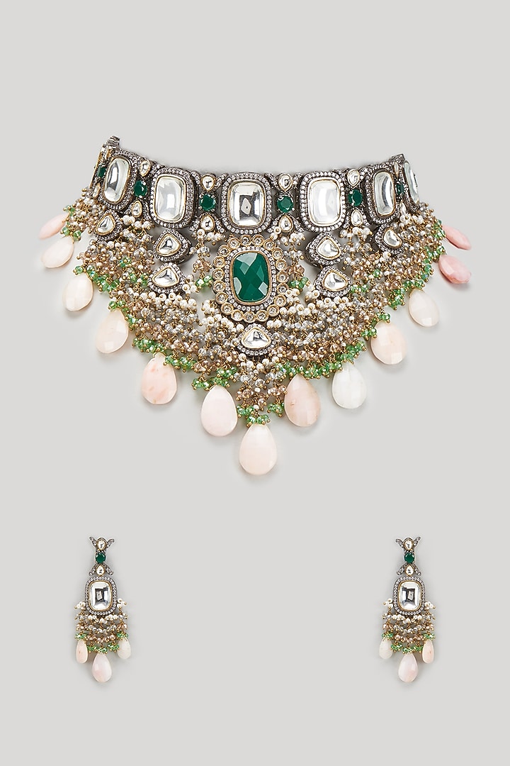 Black Rhodium Finish Pink Agate & Victorian Polki Choker Necklace Set by Kohar By Kanika at Pernia's Pop Up Shop