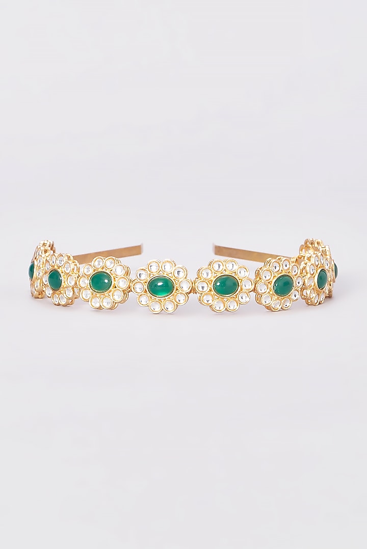 Gold Finish Emerald & Kundan Polki Hairband by Kohar By Kanika at Pernia's Pop Up Shop
