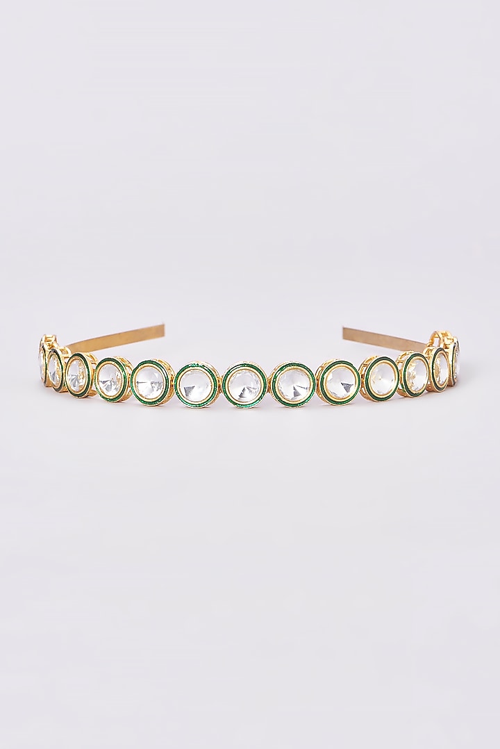 Gold Finish Emerald & Kundan Polki Hairband by Kohar By Kanika at Pernia's Pop Up Shop